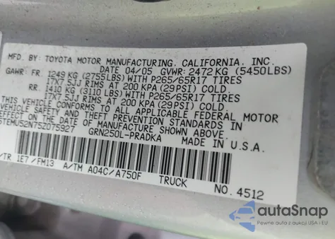 2005 Toyota Tacoma Base V6 из США, поврежденный, VIN 5TEMU52N75Z075927